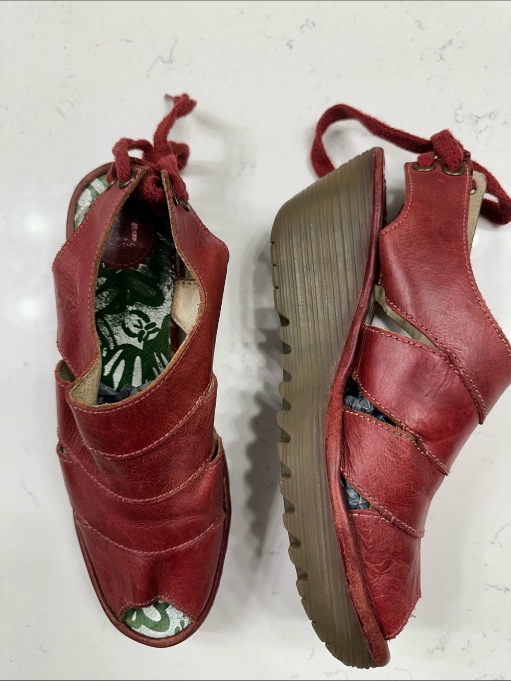 Fly London Red Leather Wedge Sandals